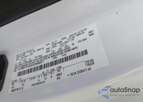 2019 Ford F-150 Xl из США, поврежденный, VIN 1FTMF1C52KKD08601